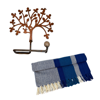 Kit 1 gancho multiuso mod.árvore cor ferrugem + 1 toalha de mesa listrada bege.